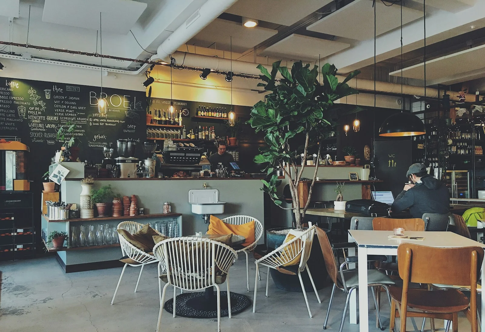 Local cafe counter with staff serving customers